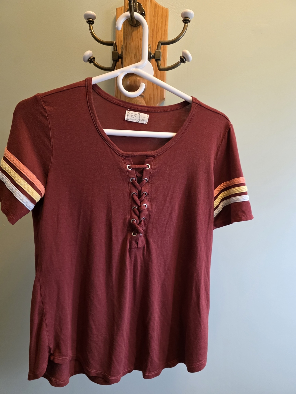 Maurices 24/7 Lace-Up Short Sleeve Top in Burgundy-S